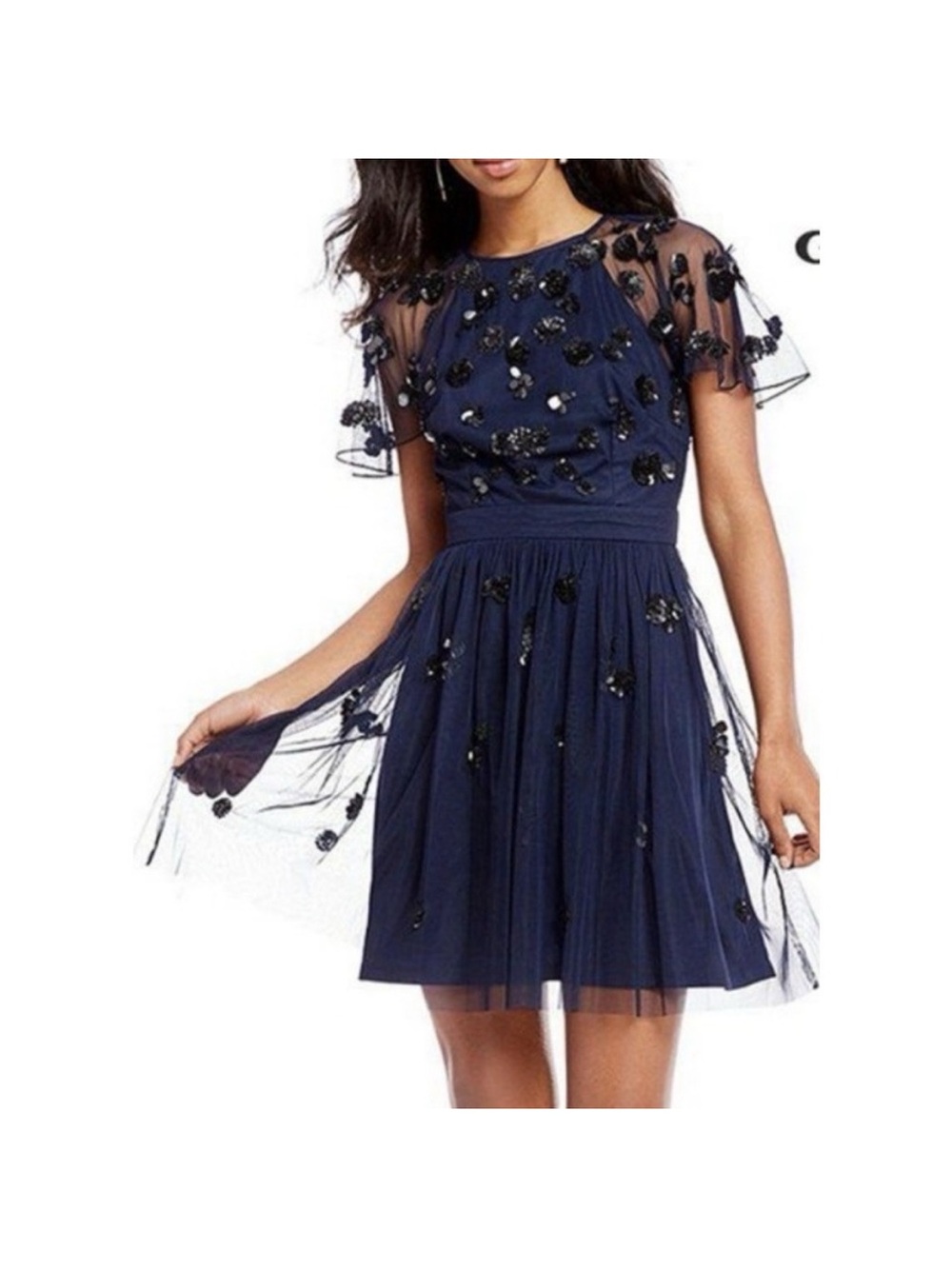 Gianni Bini Navy Floral Appliqué Tulle Cocktail Dress